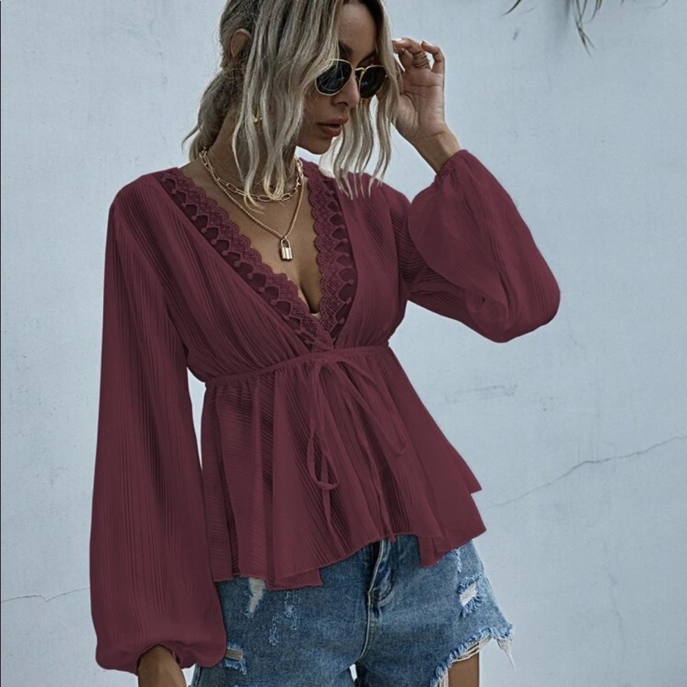Striped lace v neck boho long sleeve gypsy maroon - Picture 1 of 6